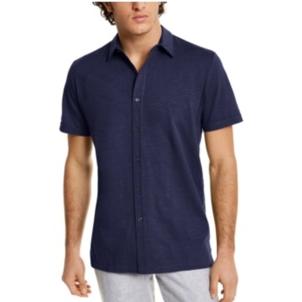 NWT Tasso Elba Men’s Textured Shirt Dark Blue Casual Button Up Size L $50 KK009